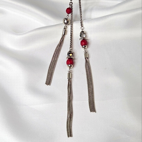 Vintage 80s Jules Long Necklace Lariet Style Red Beads & Smokey Quartz Crystals - Picture 4 of 16